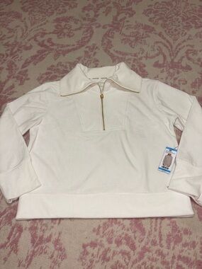 Halston Heritage Cream Quarter Zip Ribbed Velour Pullover with Gold Zipper